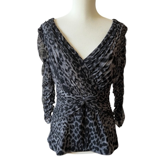 TADASHI SHOJI BLOUSE TOP LEOPARD PRINT RUCHED WITCHY GOTH CINCH CHIC SEXY  S - Picture 1 of 12